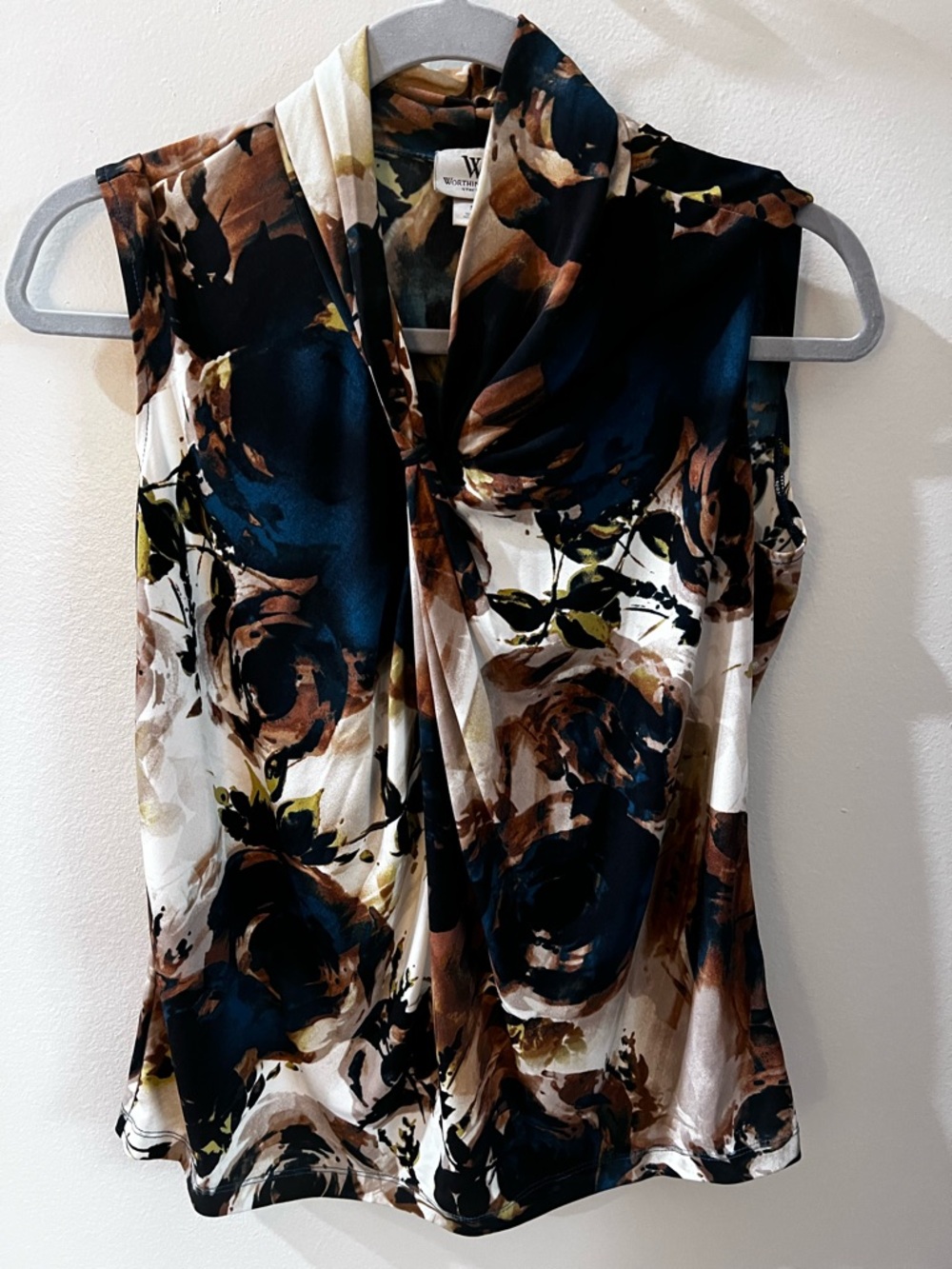 Worthington Navy Brown White Floral Sleeveless V-Neck Top